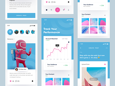 Social Media App app blue card create dashboard app graph post posting social social media stat