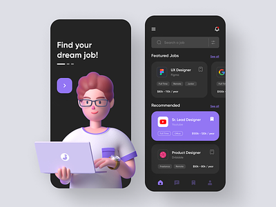 Job Finding App UI Design - Dark Version app app designer career dark version hiring illustration job job board job finder app job finding job search job seeker mobile recruitment screens ui design uiux