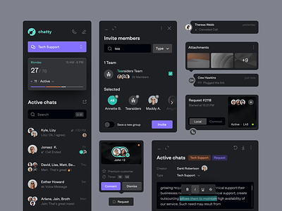 UI Components Dark Theme | Cards | Chat application cards chat components dark design system fireart fireart studio invite message modal product saas search sidebar ui design ui elements ux design voice web app