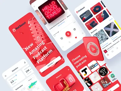 Red Basset Podcast Platform 3d app basset hound branding design identity interaction interface ios listen logo logotype mobile app monetization platform podcast red ui ux web