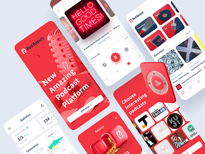 Red Basset Podcast Platform 3d app basset hound branding design identity interaction interface ios listen logo logotype mobile app monetization platform podcast red ui ux web