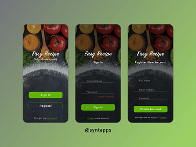 "Easy Recipe" recipe finder App Concept UI Screens # 1,2,3 adobexd android app appconcept cooking food food app ios mobile mobile app mobile food mobileappconcept mobiledesign mobileui mockup prototype recipe resturant uiux wireframe