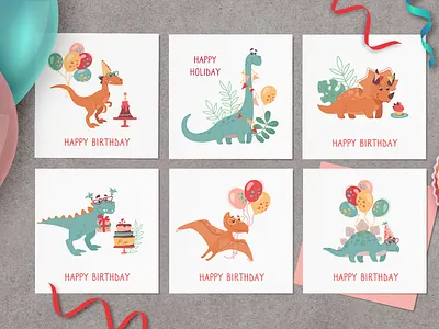 Happy Birthday Greeting Cards with Dinosaurs animals art baby cartoon character cute design dino dinosaur graphic design illustration kids vector