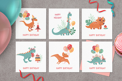 Happy Birthday Greeting Cards with Dinosaurs animals art baby cartoon character cute design dino dinosaur graphic design illustration kids vector