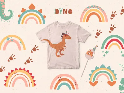 Dinosaur party. Funny rainbows animals art baby cartoon character cute design dino dinosaur graphic design kids mascot party rainbow tail vector