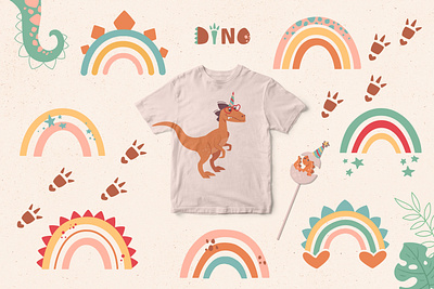 Dinosaur party. Funny rainbows animals art baby cartoon character cute design dino dinosaur graphic design kids mascot party rainbow tail vector