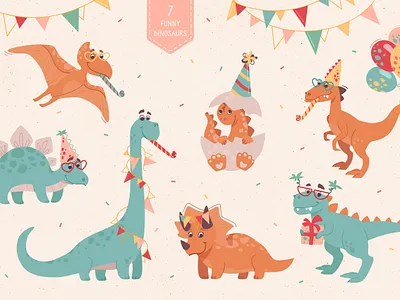 Dinosaurs. Birthday Party animals art cartoon character cute design dino dinosaur vector