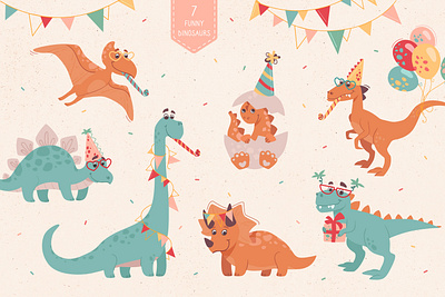 Dinosaurs. Birthday Party animals art cartoon character cute design dino dinosaur vector