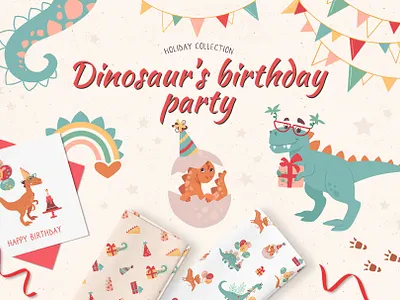 Dinosaurs. Birthday Party animals art baby cartoon character cute design dino dinosaur flat funny happy holiday illustration kids vector