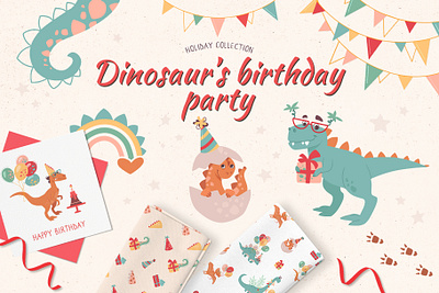 Dinosaurs. Birthday Party animals art baby cartoon character cute design dino dinosaur flat funny happy holiday illustration kids vector