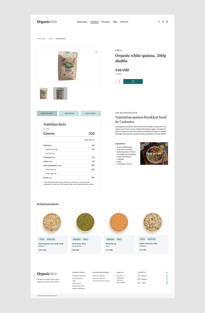 E-shop website OrganicWeb, product page design typography ui ux