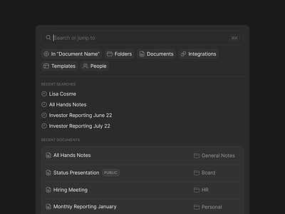 Search clean dark desktop doc documents features filter folder icon input integration jump to light minimal people recent recents search tag template