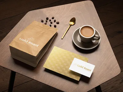 Gold Roast Coffee Mockup - Looka brand identity branding branding and identity branding design coffee coffee bag coffee packaging gold gradient logo logo design logos ai mockup mockupdesign packaging packaging design