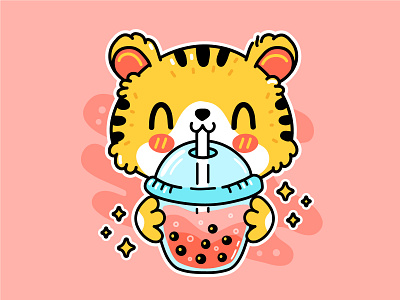 Tiger and boba animal cartoon cat character coffee cup cute dessert illustration kawaii logo smoothie sweet tiger