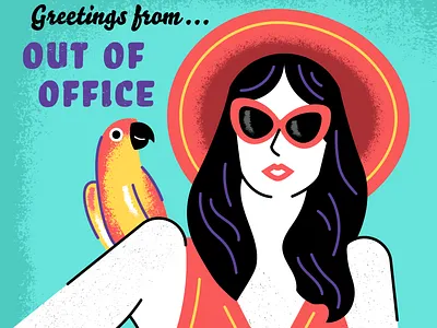 Out of Office beach fashion holiday illustration island jungle paradise parrots postcard poster retro summer sunglasses sunny travel tropical vacation vintage woman