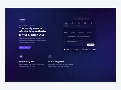 Clerk: Landing Page Dark card ui code code area dark dark landing page dark ui developer developer website integrations interaction landing landing page saas