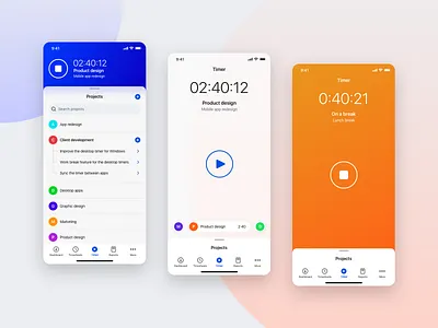 Timer screens app clean dashboard design flat icons mobile project management projects time time tracking timer ui ux