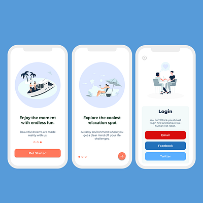 Vacation app cleanui login screen minimal design onboarding screens