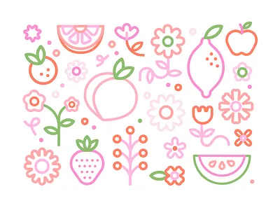 Fruits 🍋🍑🍉🍊🍓 brand identity character design floral pattern flowers fruits graphic design iconography illustration juice lemon lemons monoline icons orange smoothie strawberry tech company vector watermelon