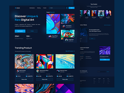 InDart (NFT Website Marketplace) art art product artist blockchain branding creator crypto cryptocurrency dark dark blue digital art digital creator digital product etherium landing page nft nft platform nft website uiux website