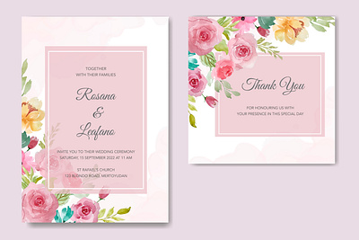 wedding invitation with floral watercolor template graphic