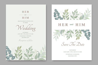 Wedding card template with leaves watercolor vintage