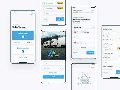 Autium - mobile app design accident app car accident dashboard data drivers fleet fleet management form home screen inspection management material design mobile app navigation reporting accidents saas splash screen steps wizard