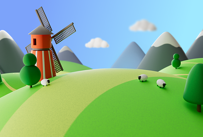 Landscape illustration for Launcher app 3d app cartoon cinema4d illustration landscape redshift sheep ui windmill