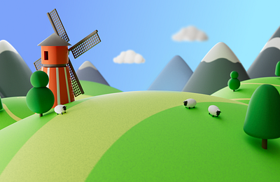 Landscape illustration for Launcher app 3d app cartoon cinema4d illustration landscape redshift sheep ui windmill