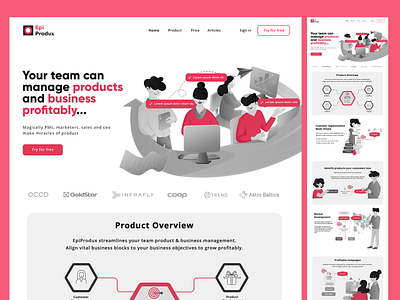 Landing page with illustrations branding computer design figma header illustration landing logo page red team ui vector website white