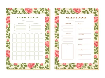 Printable Floral Monthly & Weekly Planner Template aesthetic beauty botanical bullet journal digital art feminine floral flower flower illustration illustration journaling monthly planner nature planner print template printable rose schedule templates weekly planner