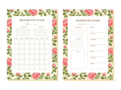 Printable Floral Monthly & Weekly Planner Template aesthetic beauty botanical bullet journal digital art feminine floral flower flower illustration illustration journaling monthly planner nature planner print template printable rose schedule templates weekly planner