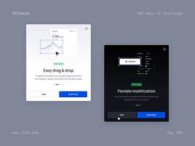 Day 004 — Onboarding | 100 days UI challenge 123done button challenge clean dailychallenge dailyui design design system figma minimalism modal modal box onboarding popup ui ui kit universal design system (web) web