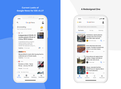 A New Design Concept of Google News Home Screen for iOS 2021 app article clean for you google google news light list material design minimal mobile modern news simple trend