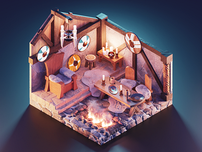 Viking Hall 3d blender diorama illustration isometric lowpoly medieval render room viking hall vikings