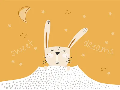 Cute sleepy bunny. Kids vector hand drawn illustration. bunny cartoon childish cute design dream graphic design hand drawn hare illustration kids little one moon rabbit sleep sleepy stars sweet dream vector yellow