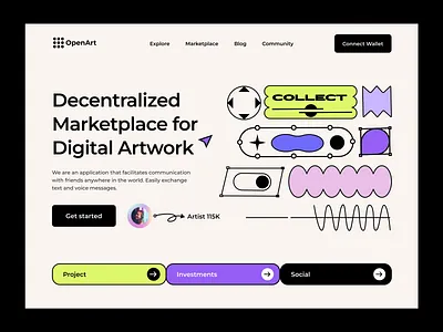 Decentralized Digital Marketplace abstract art blockchain collection marketplace decentralized decentralized marketplace defi digital artwork digital assets digital market illustration landing page marketplace minimalist design mint nft landing nft ui design social platform web3.0 website design