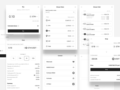 High-fidelity wireframes assets blockchain crypto cryptocurrency deposit dialog ethworks high fidelity modal staking swap tokens ux wireframes withdraw yield