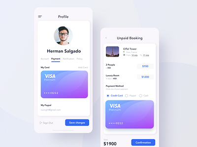 Trip payment app booking clean credit card interface mobile profile ui vacation visa