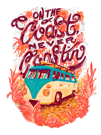 Fully Coastin' apparel design beach beach vibes bus coast life design funky vibes graphic design illustration lettering tshirt tshirt design typography volkswagen bus west coast