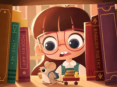 The Little Scholar books character design color cute education girl illustration library light mouse photoshop procreate scholar school student study texture