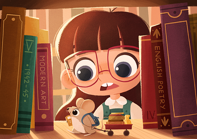 The Little Scholar books character design color cute education girl illustration library light mouse photoshop procreate scholar school student study texture