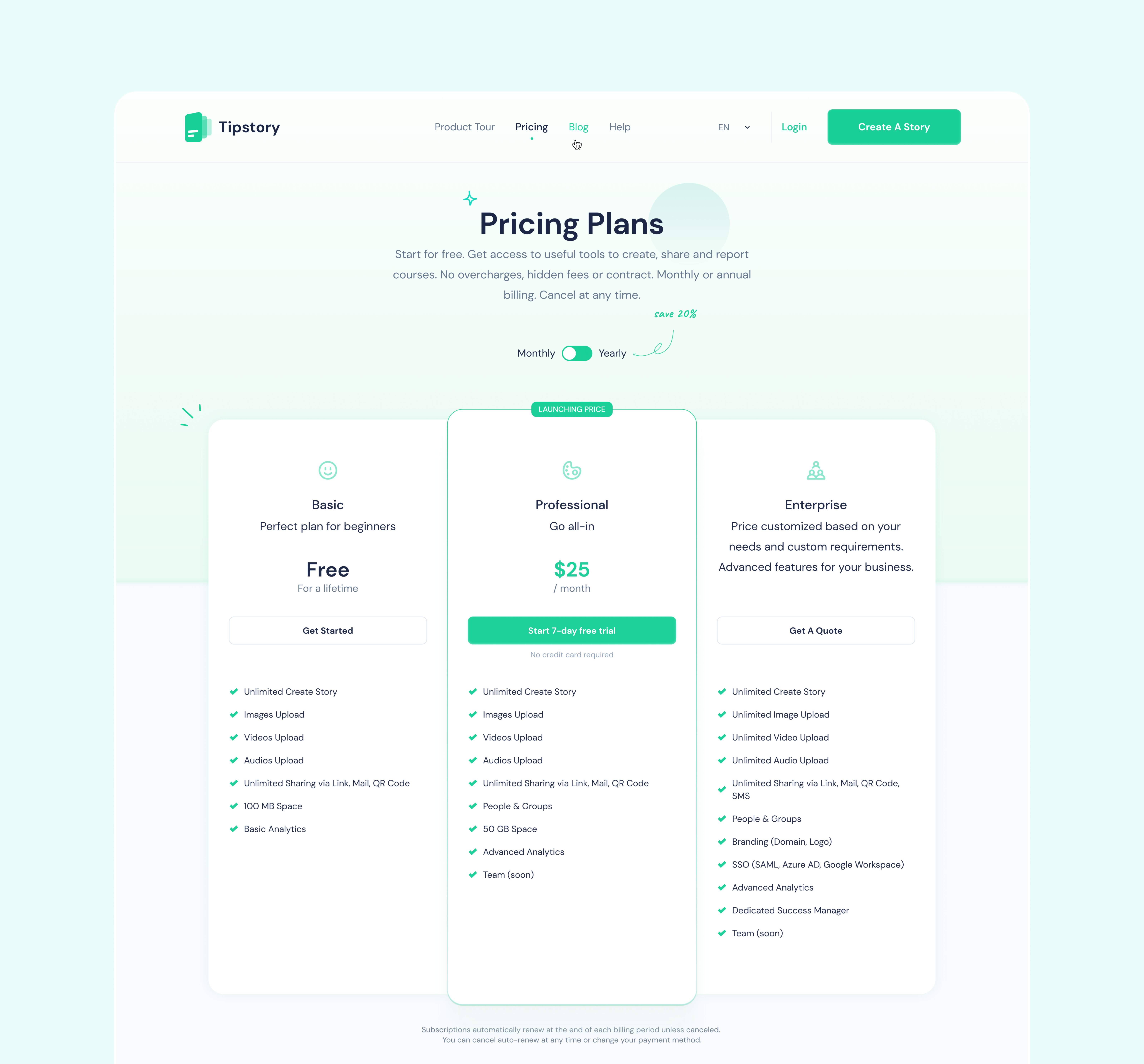 TipStory Pricing Plans plans price table pricing pricing page pricing plan subscription