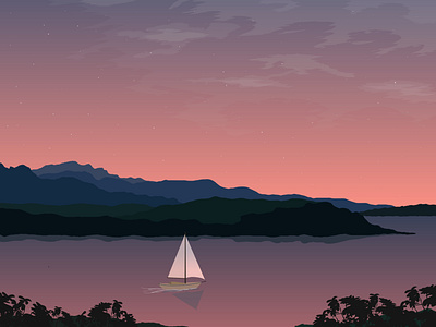 Sail Boat on a Scottish Lake amateur beginner boat clouds flatnature illustration illustrator lake light mountains nature night sailboat sea stars