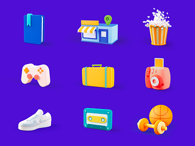 3D Icons 3d art direction basketball books camera cassette cinema dumbbell electronics hotels icon illustration music photography pop corn shop sneaker sports videogames