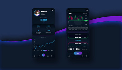 Trading app - modern and dramatic mobile UI apple bitcoin blockchain creative crypto dark design exchange investing mobile modern stock market stocks tesla trading vibrant