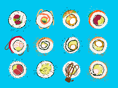 Types of Sushi avocado california california roll chicken fish food illustration japanese food rice rolls salmon seafood sushi tuna