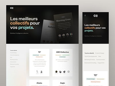 Collective • Browse website page branding browser dark theme dark ui filters freelance glass gradients hero header homepage iphone mockup landing page list minimal navigation phone mockup saas search tags teamwork