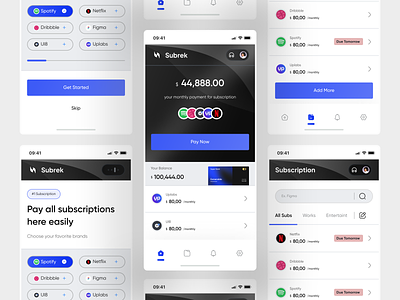 Subrek - Subscription App app card category detail page finance finance card home homepage list management mobile mobile app modern onboarding pay search subscribe subscription ui ux