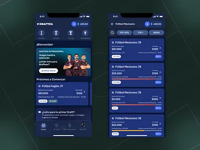 Daily Fantasy Sports Home banner bets card contest contest card daily fantasy sports dfs fantasy home list soccer user experence user interface